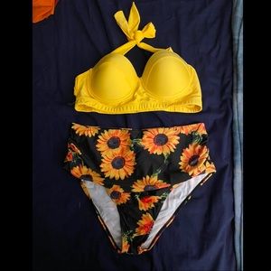 High waisted 2 piece swim suit. Yellow Sunflower